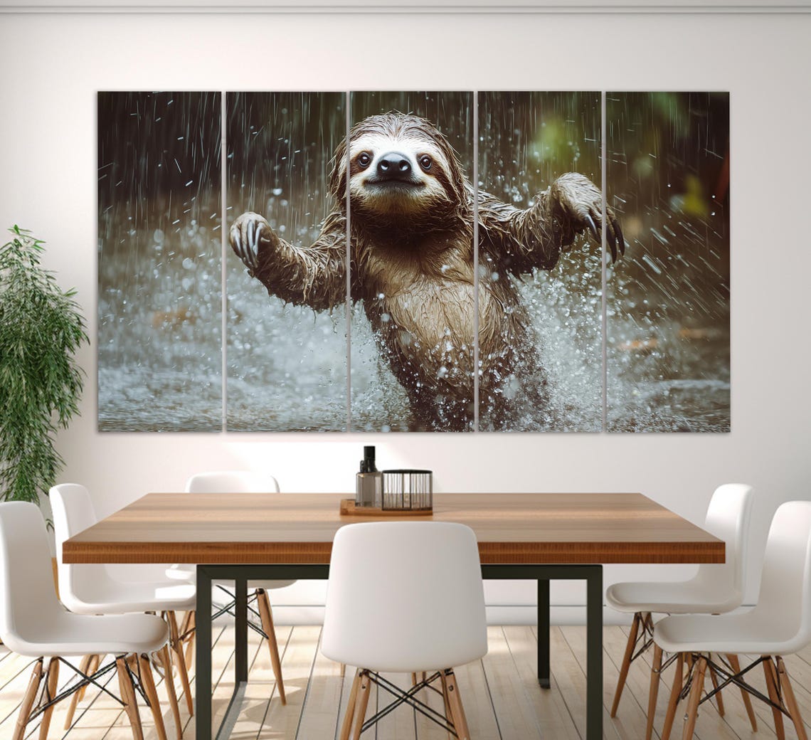 Happy Sloth Splashing in Rainforest Rain Cute Animal Art Poster - Image 2