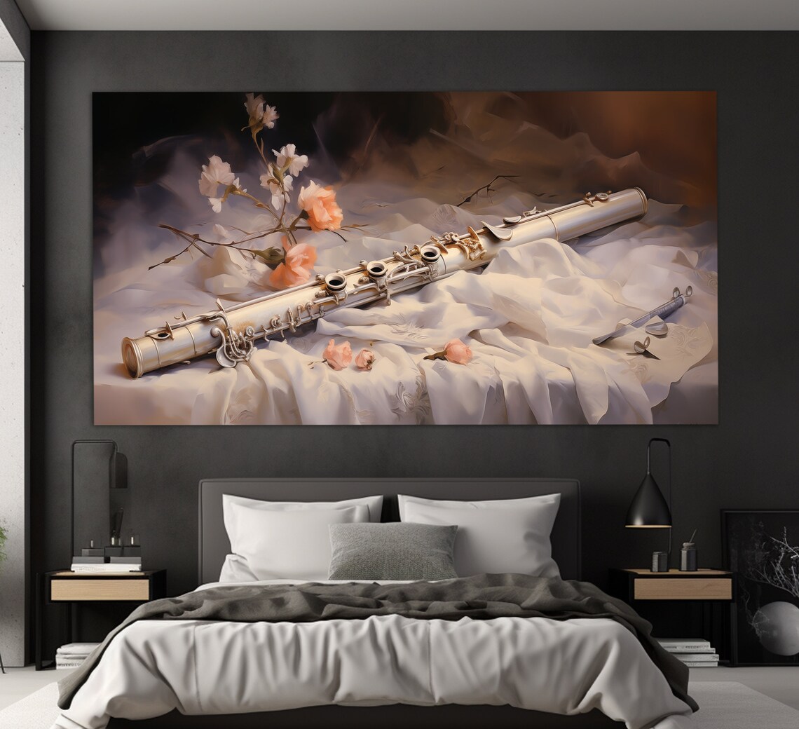Silver Flute Still Life With Roses On Silk Moody Dark Oil Painting Poster - Image 4
