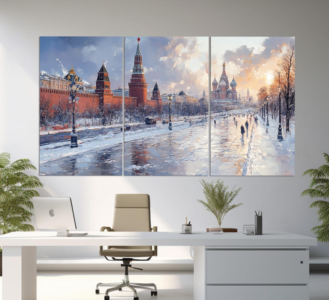 Moscow Winter Red Square Kremlin Saint Basils Oil Painting Snow Poster - Image 3