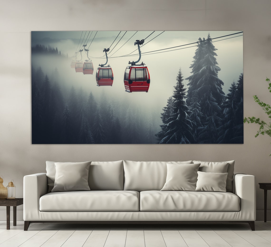 Ski Lift In Foggy Winter Forest Print Ski Wall Art Cable Car Painting Ski Lift Poster Winter Wall Art Winter Sports Art