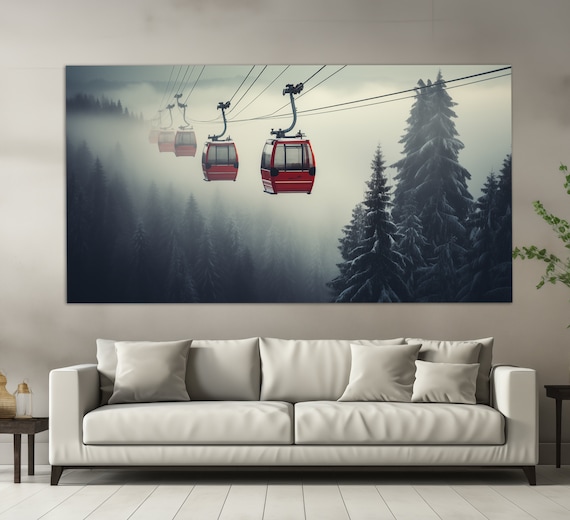 Ski Lift In Foggy Winter Forest Print Ski Wall Art Cable Car Painting Ski Lift Poster Winter Wall Art Winter Sports Art