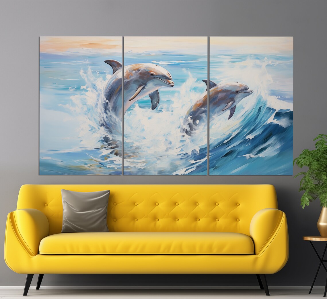 Dolphin Pair Leaping Ocean Waves Sunrise Blue Oil Painting Wall Art - Image 6