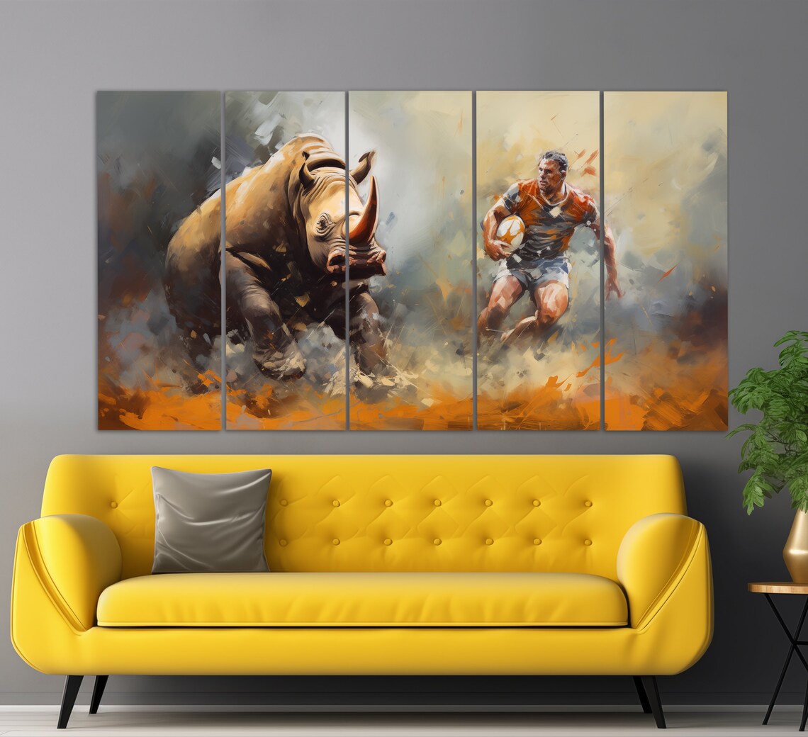 Rugby Player Running With Ball Beside Thundering Rhino Powerful Sports Poster - Image 5