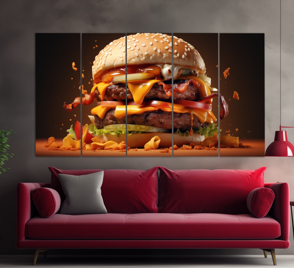 Double Bacon Cheeseburger Flying Ingredients Dark Background Wall Art - Image 5