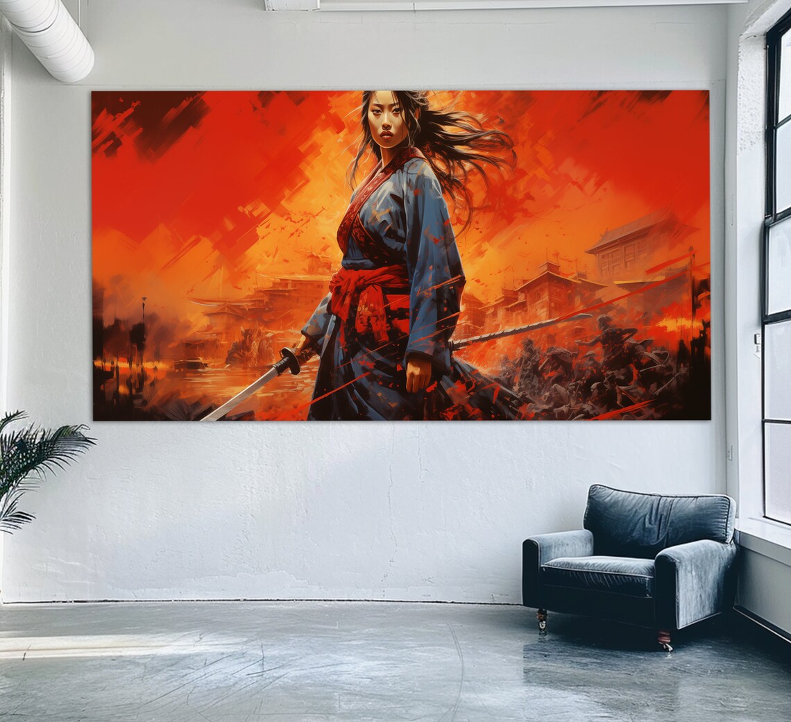 Samurai Woman White Kimono Sword Japanese Vintage Style Poster