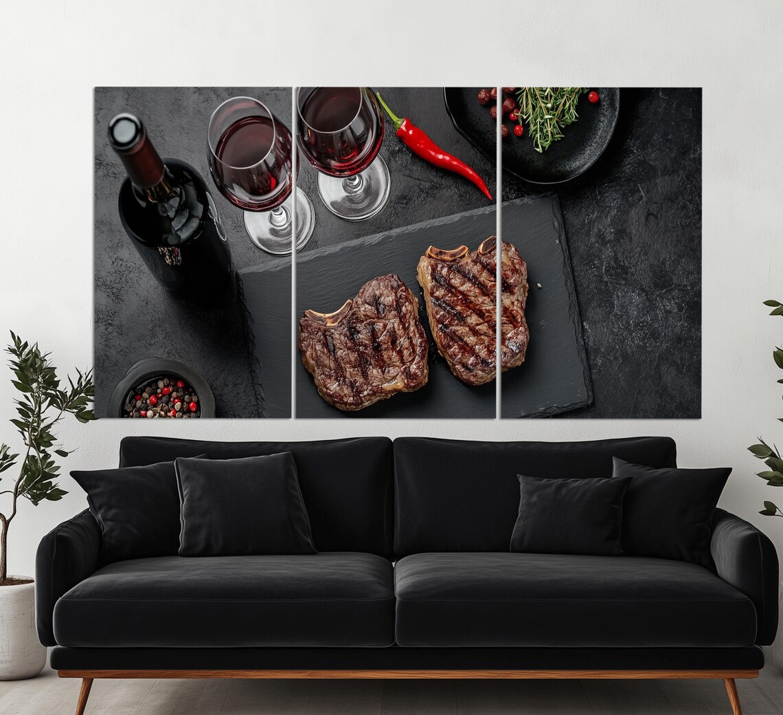 Grilled Ribeye Steaks Red Wine Dark Slate Food Photography Wall Art Poster - Image 3