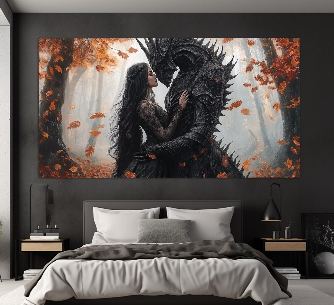Woman Embracing Dark Beast In Autumn Forest Gothic Fantasy Romance Poster - Image 5