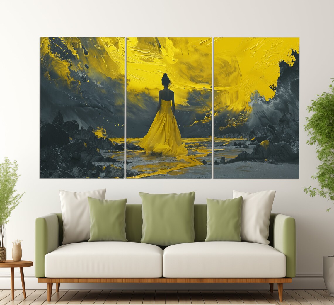 Woman Yellow Dress Golden Sunset Avenue Art Chic Parisian Travel Style Poster - Image 3