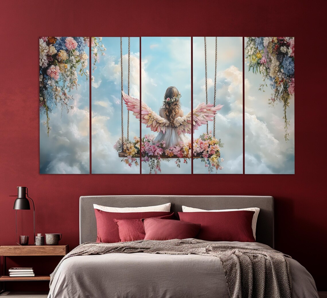 Little Angel Girl On Swing Whimsical Nursery Kids Room Wall Art Poster - Image 2