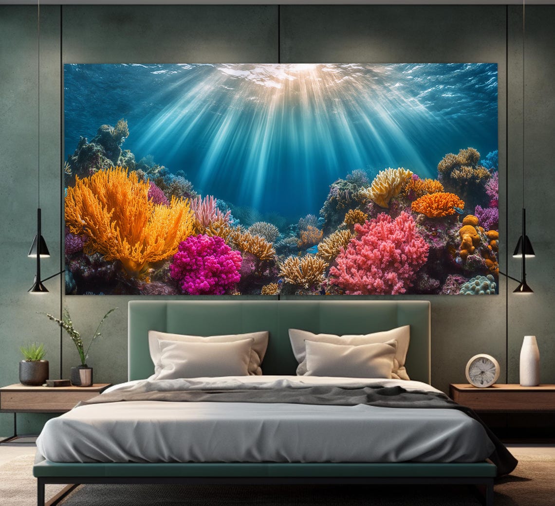 Colorful Coral Reef Underwater Sun Rays Diving Ocean Wall Art Poster