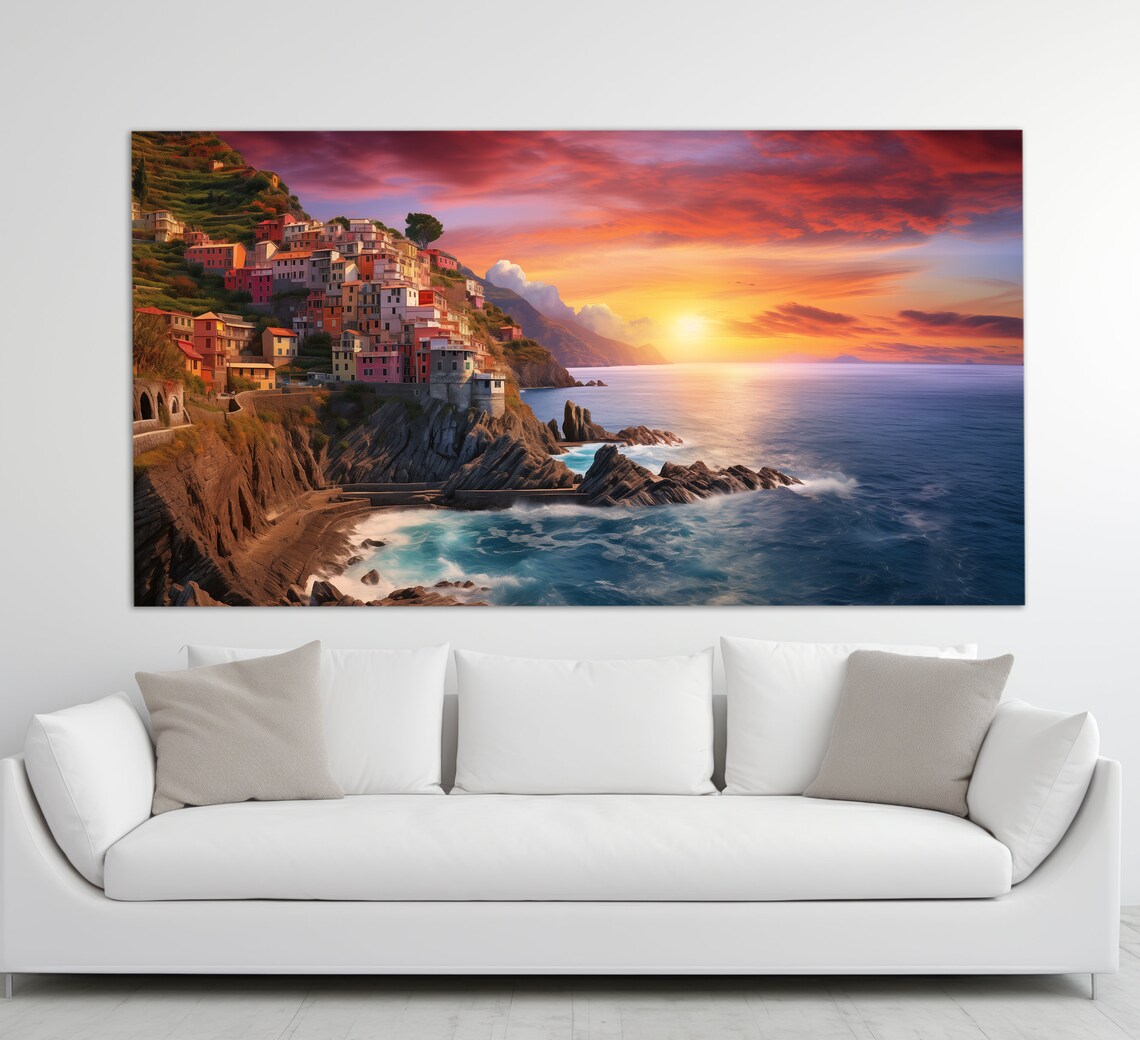 Amalfi Coast Cliffside Village Sea Sunset Italy Vintage Poster