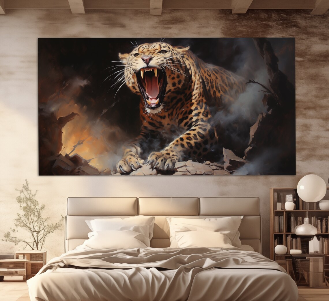 Roaring Leopard Dramatic Vintage Oil Painting Powerful Big Cat Wall Art Print - Image 4
