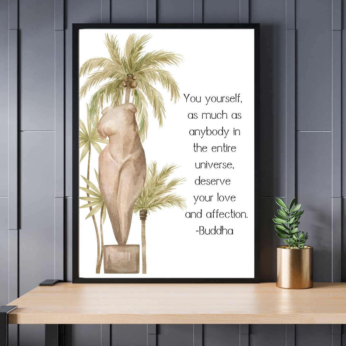 Buddha Self Love Quote Venus Statue Palm Trees Watercolor Wall Art - Image 2