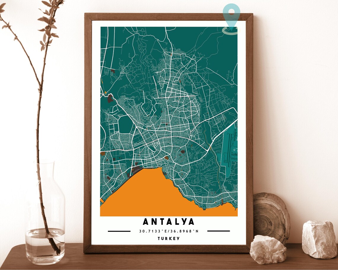 Antalya Turkey navy with a pale cream coast Street Map Coordinates Poster - Image 5