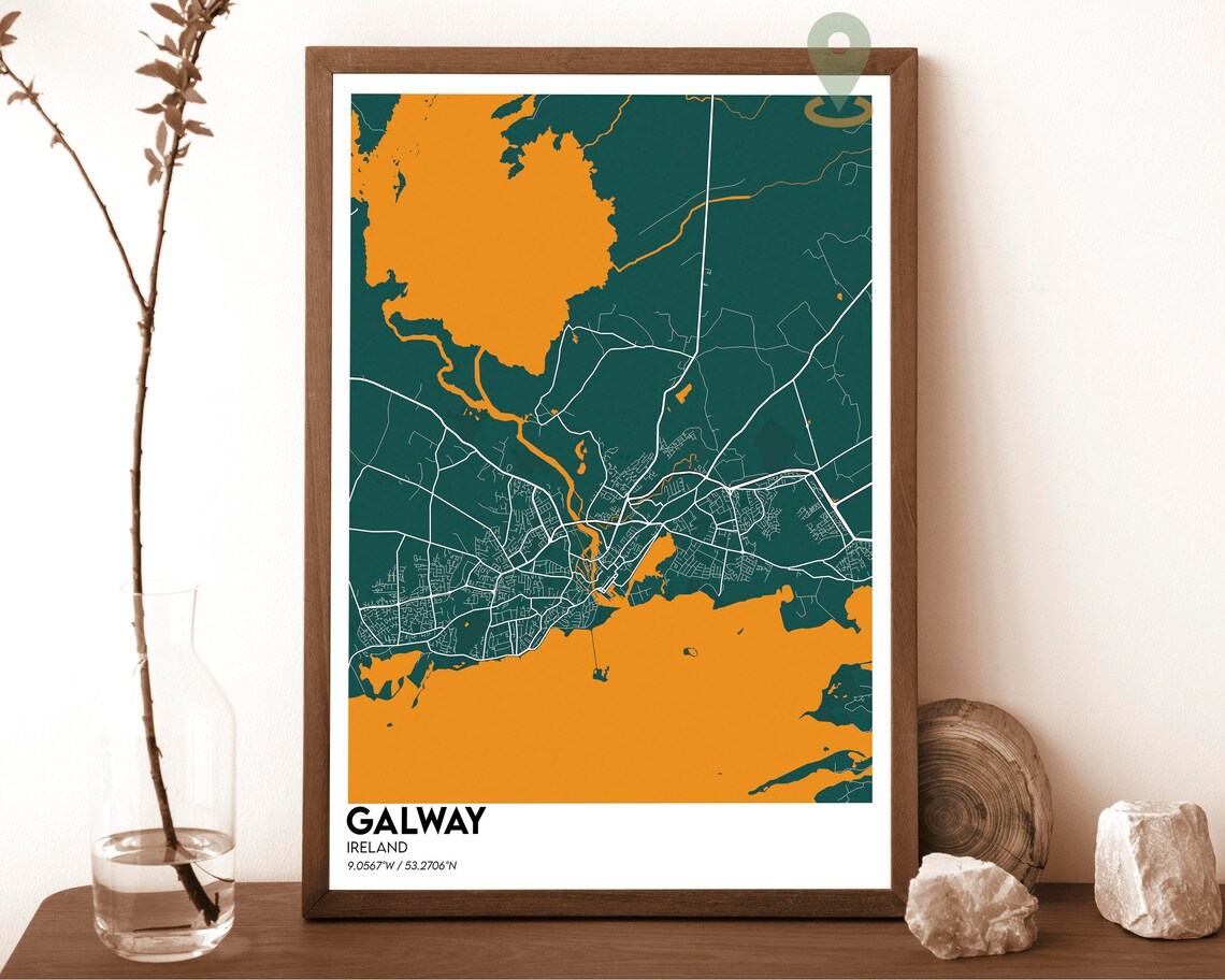 Galway Ireland Navy Yellow Land Water City Map Street Poster - Image 2