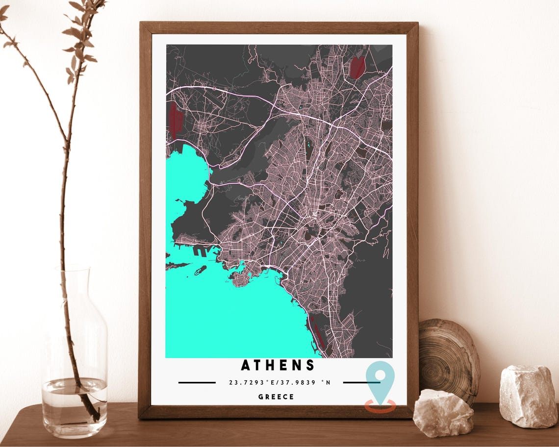 Athens Greece grey with pink water Street Map Coordinates Poster - Image 6