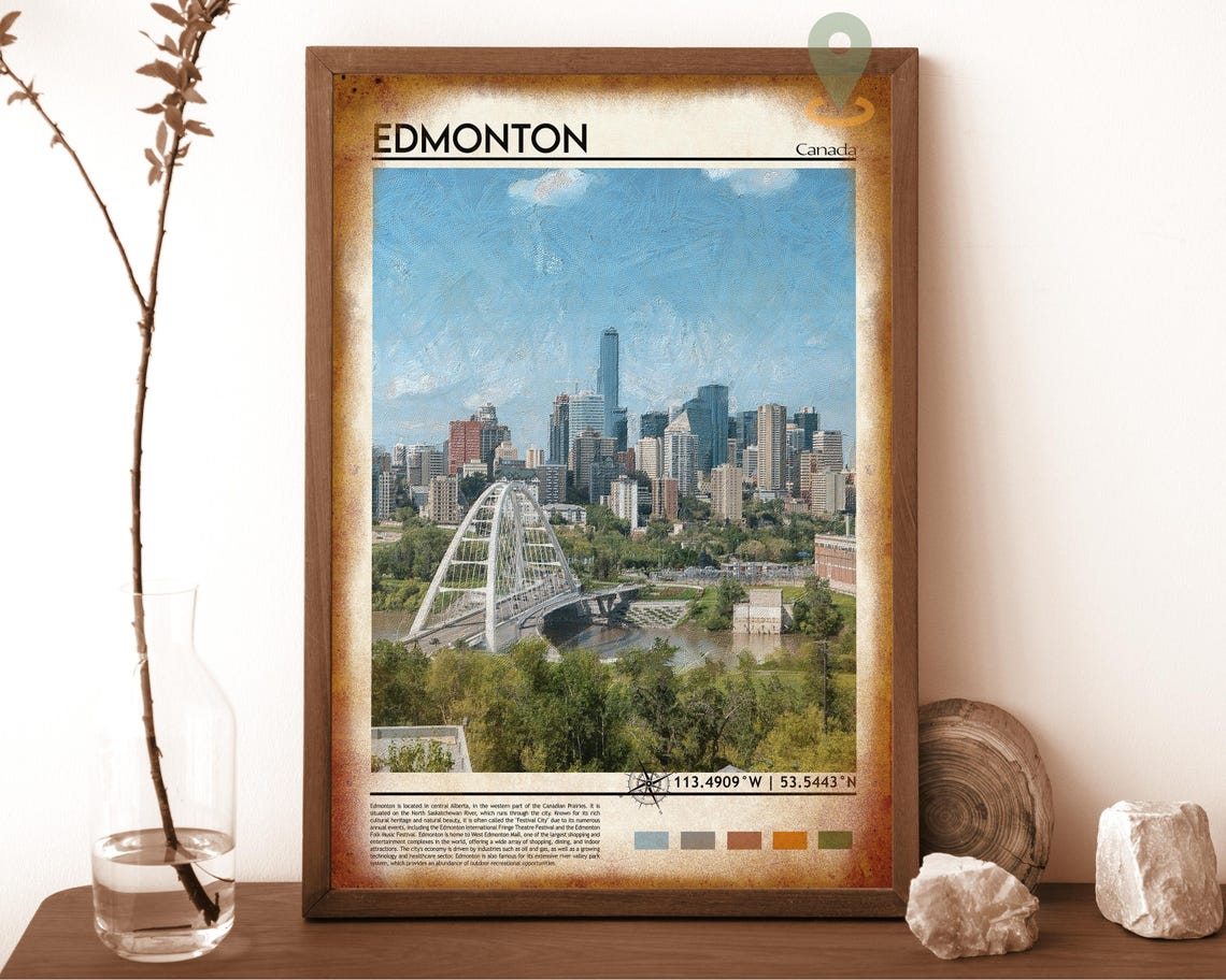 Edmonton Canada Painted Skyline Bridge Vintage Travel Poster - Image 6