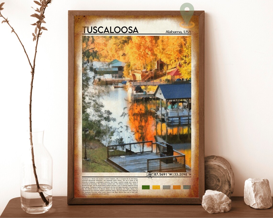 Tuscaloosa Alabama Autumn Lakeside Boathouse Scenic Travel Poster - Image 6