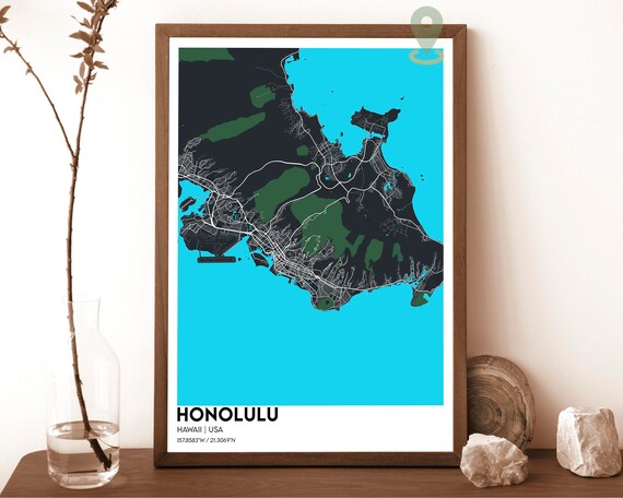 Honolulu Hawaii Oahu Island Dark Blue Ocean Map Beach Art Poster