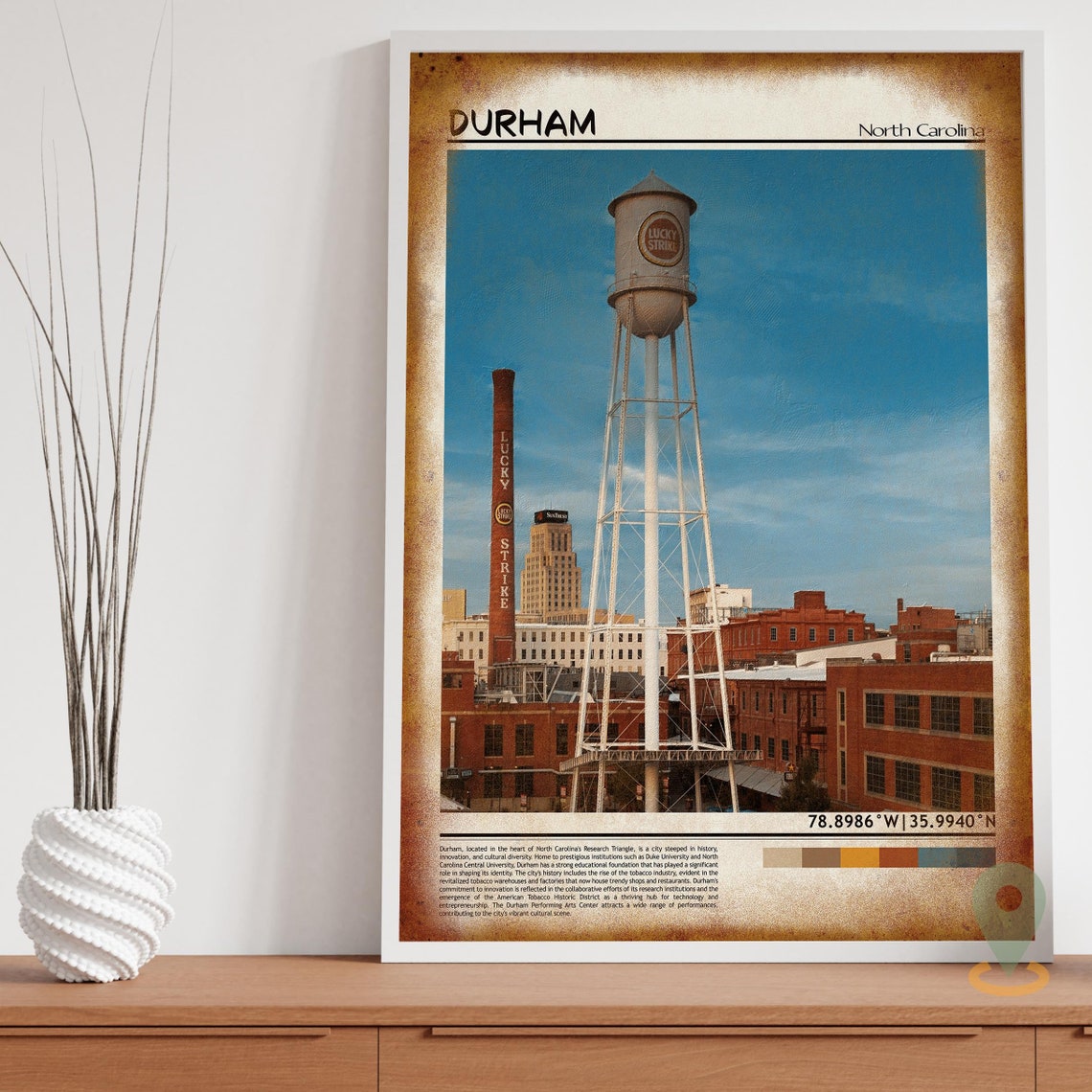 Durham North Carolina Lucky Strike Water Tower Skyline Poster - Image 3