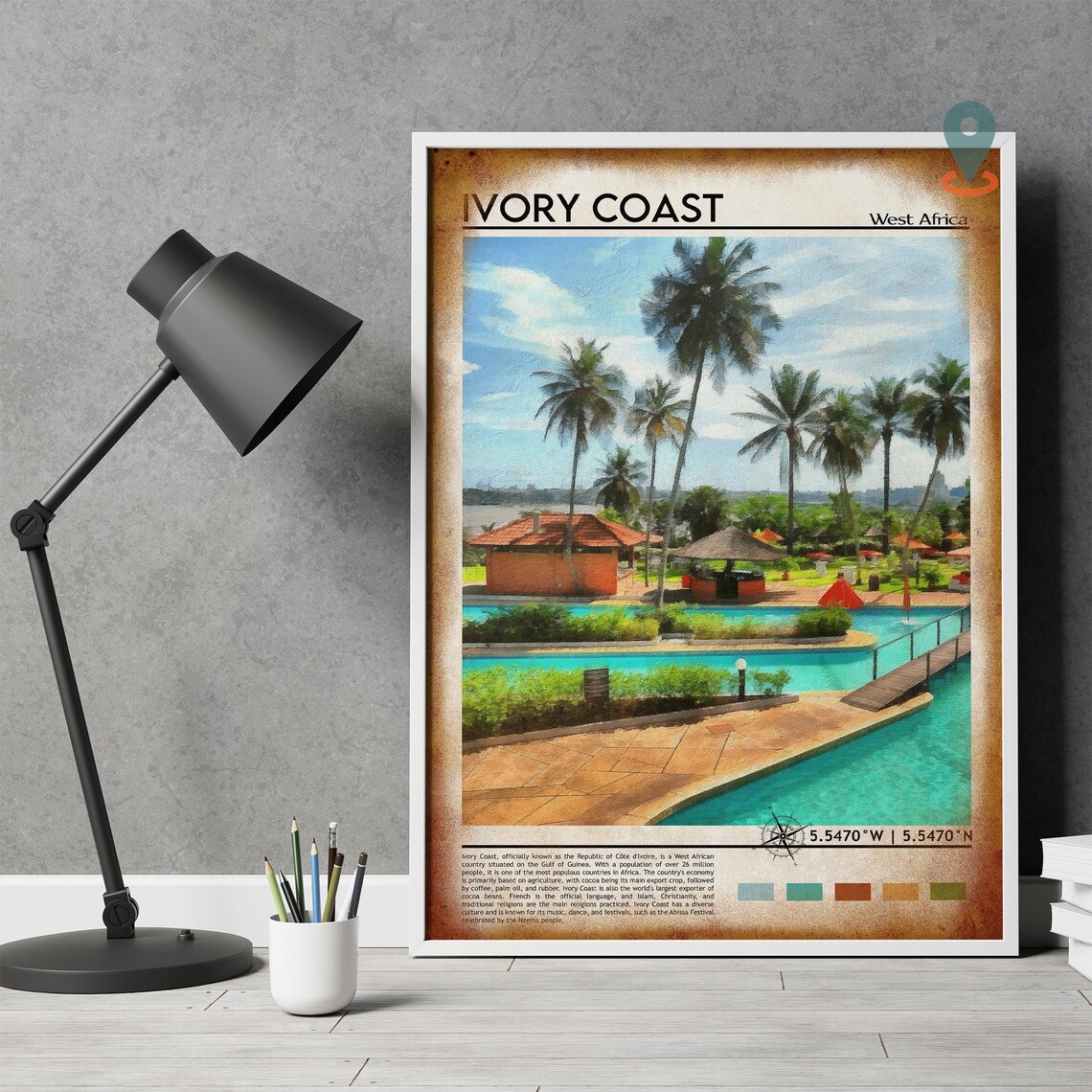 Ivory Coast West Africa Palm Resort Pool Painted Travel Poster - Image 4