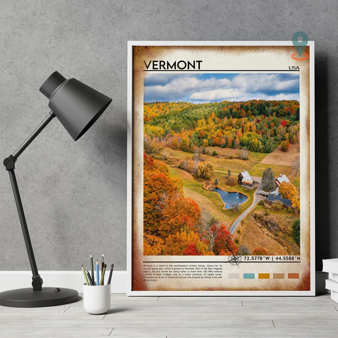 Vermont USA Autumn Fall Foliage Farm Aerial Landscape Travel Print - Image 4