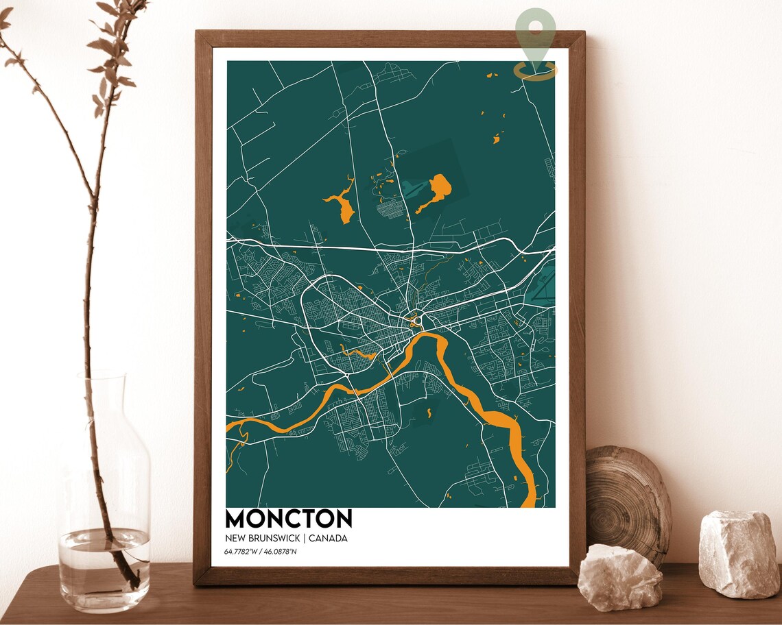 Moncton New Brunswick Canada light grey with a blue river Street Map Coordinates Poster - Image 4