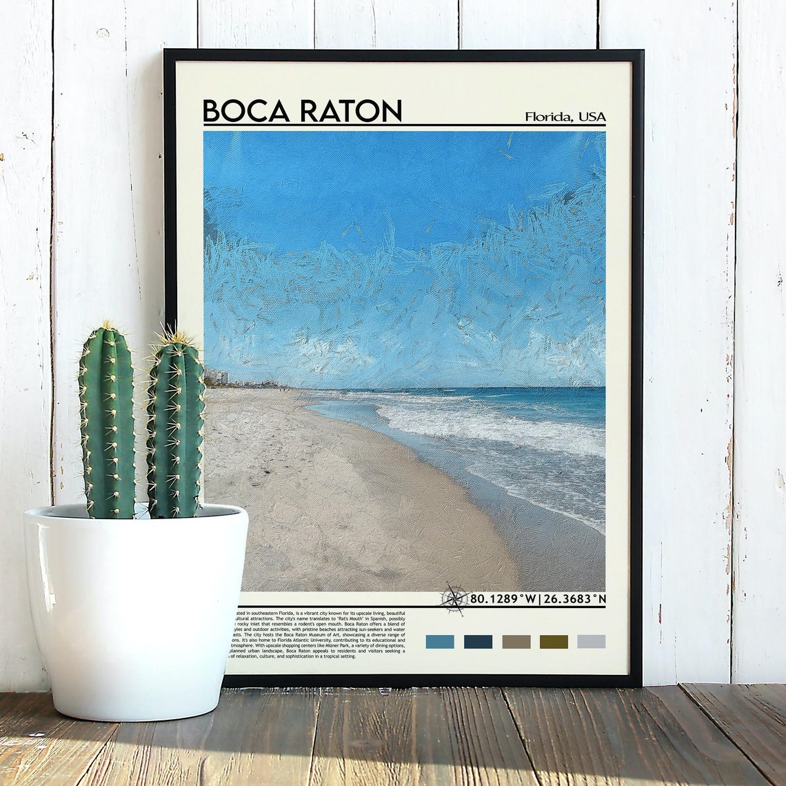 Boca Raton Florida Sunny Sandy Beach Ocean Waves Painterly Art Poster - Image 3