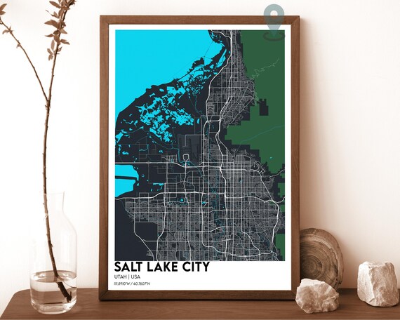 Salt Lake City Utah Dark Cyan Water City Map Home Decor Poster