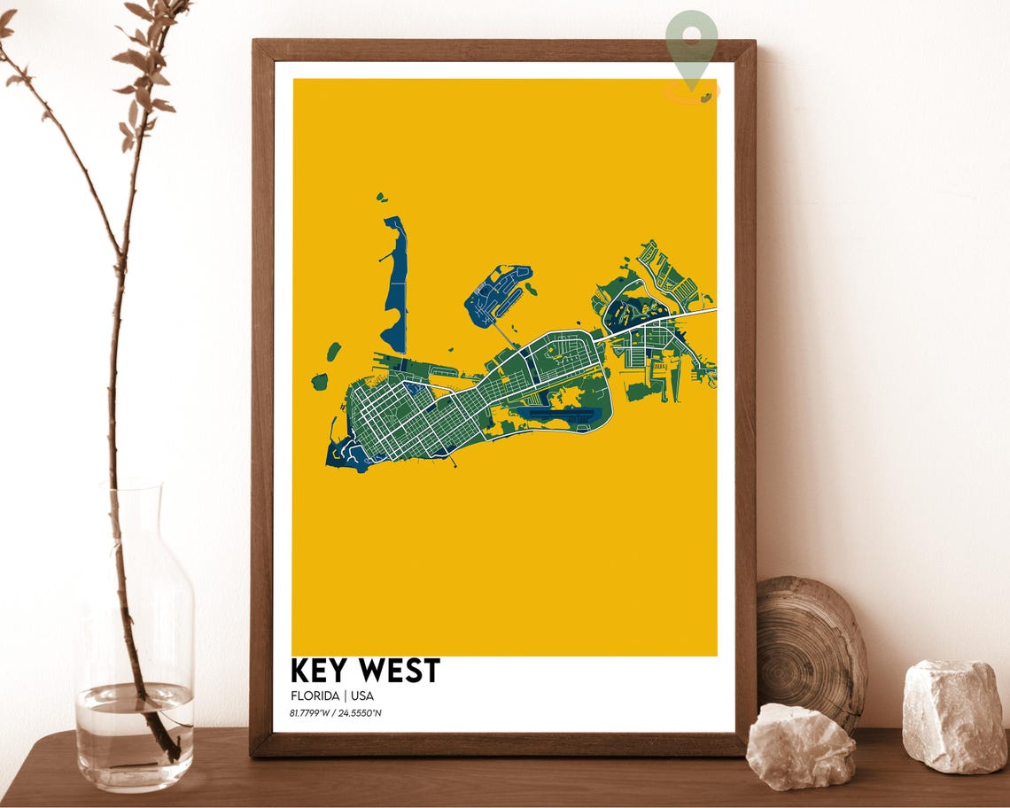 Key West Florida Mustard Green Minimalist Island Map Wall Art