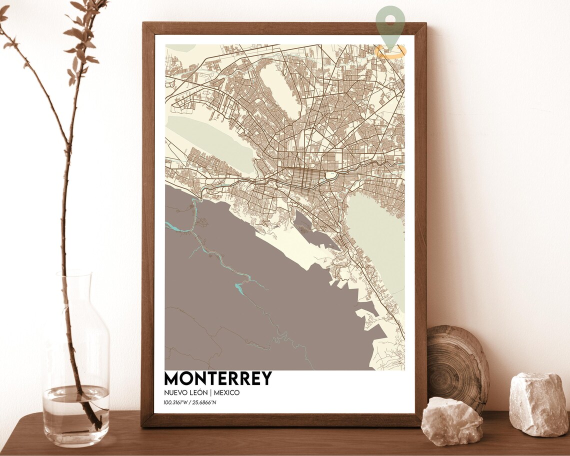 Monterrey Nuevo Leon Mexico taupe beige with brown streets Street Map Coordinates Poster