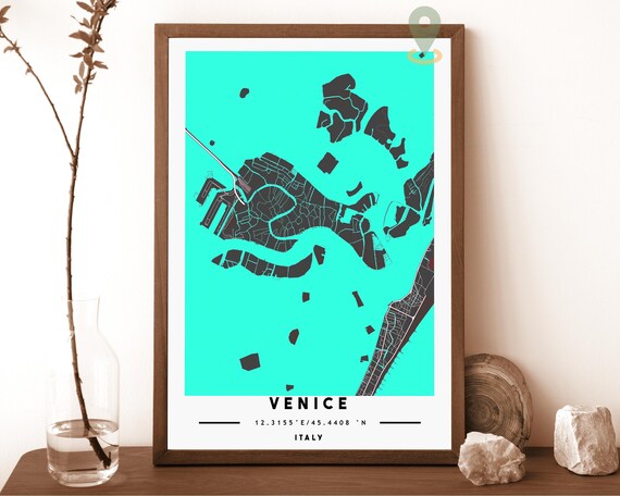 Venice Italy turquoise with black lagoon islands Street Map Coordinates Poster