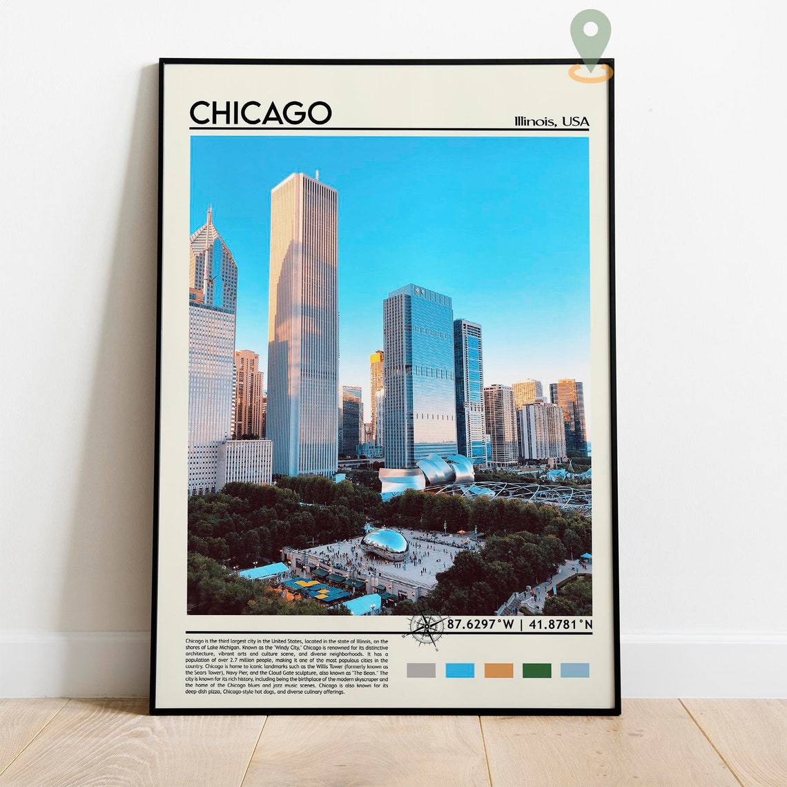 Chicago Illinois Skyline with Cloud Gate Bean Sculpture Travel Poster - Image 5