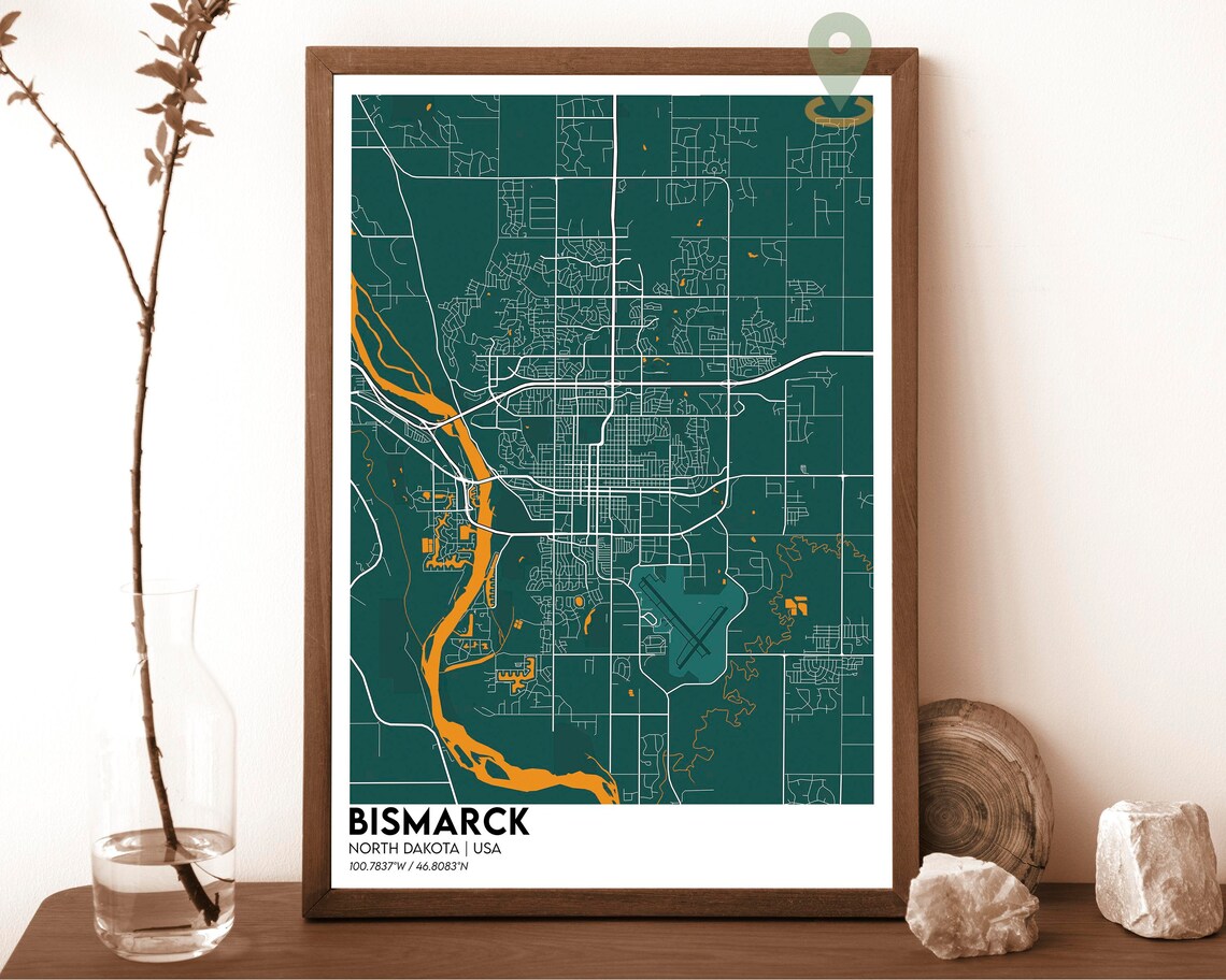 Bismarck North Dakota Navy Gold Street Map River Decor Poster - Image 3