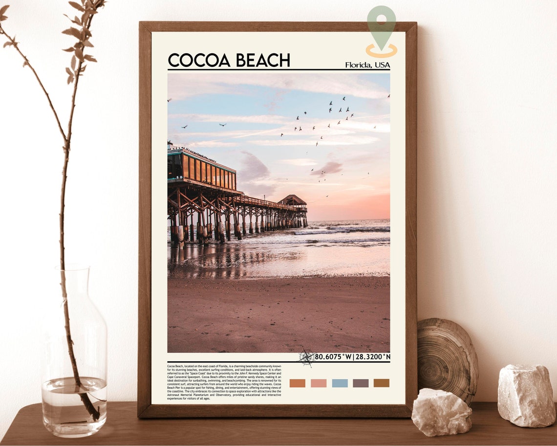 Cocoa Beach Florida Pink Sand Sunset Pier Ocean Travel Poster