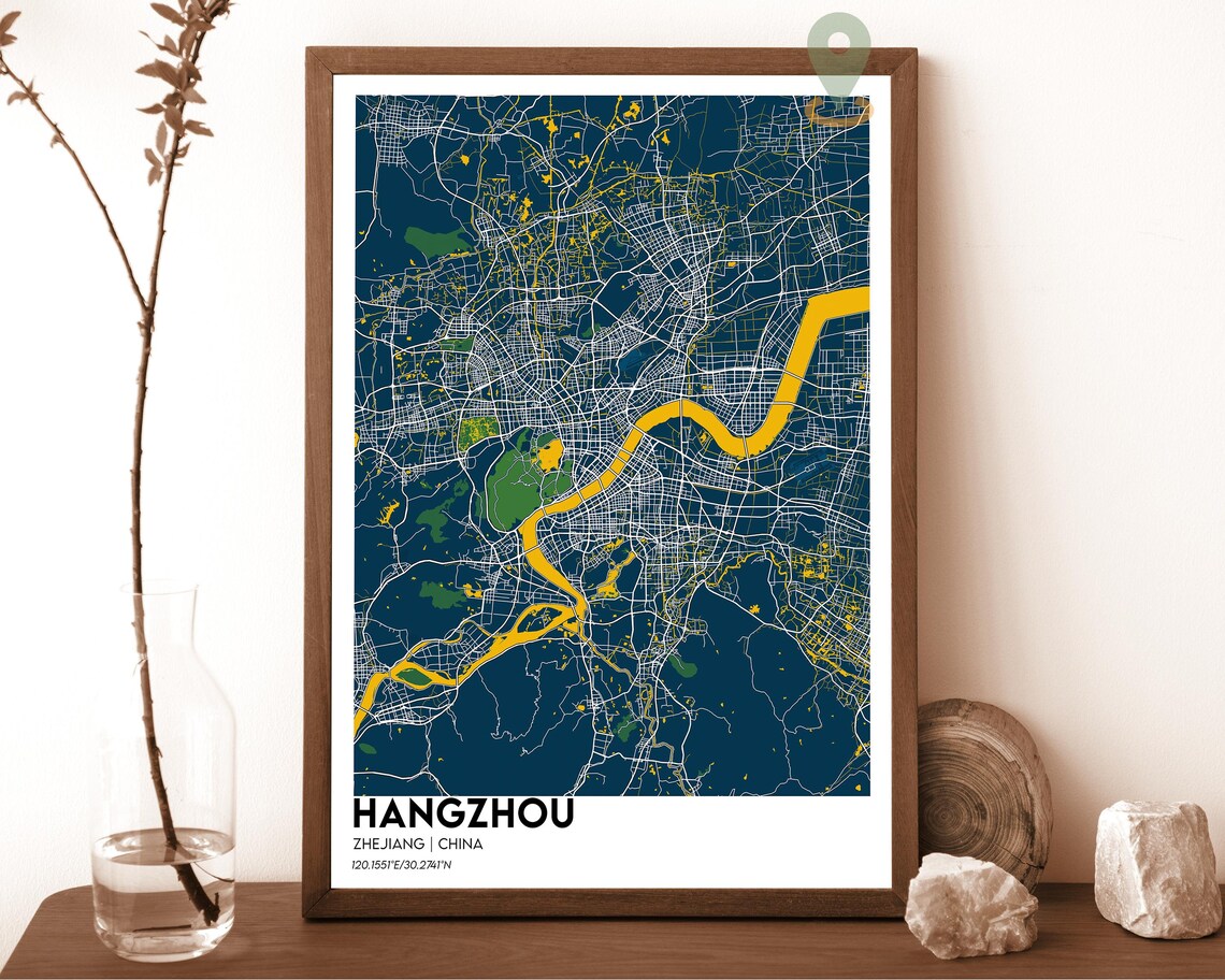Hangzhou China Modern City Map Teal Orange Minimalist Poster - Image 6