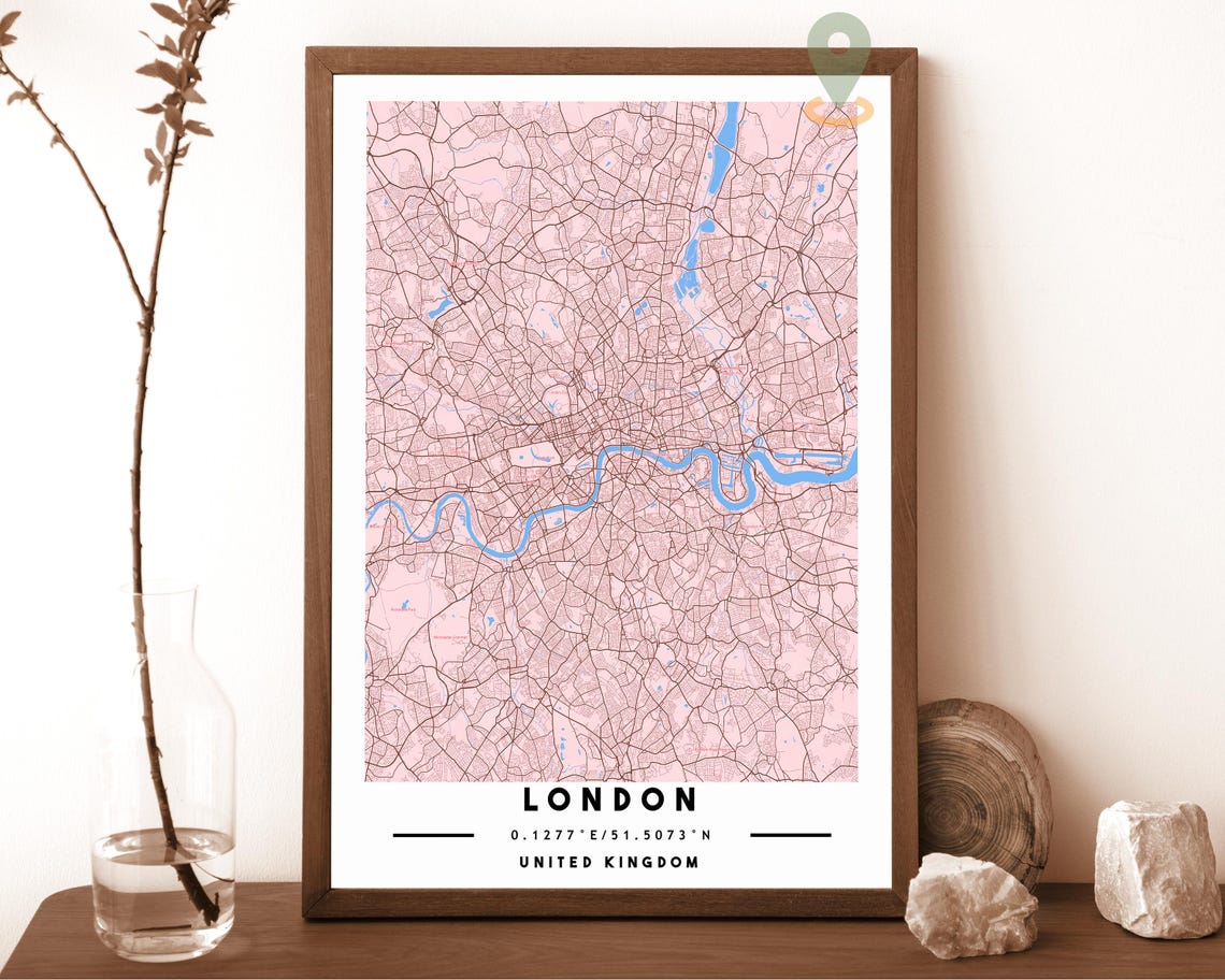 London United Kingdom Blush Pink Thames River Map Style Poster