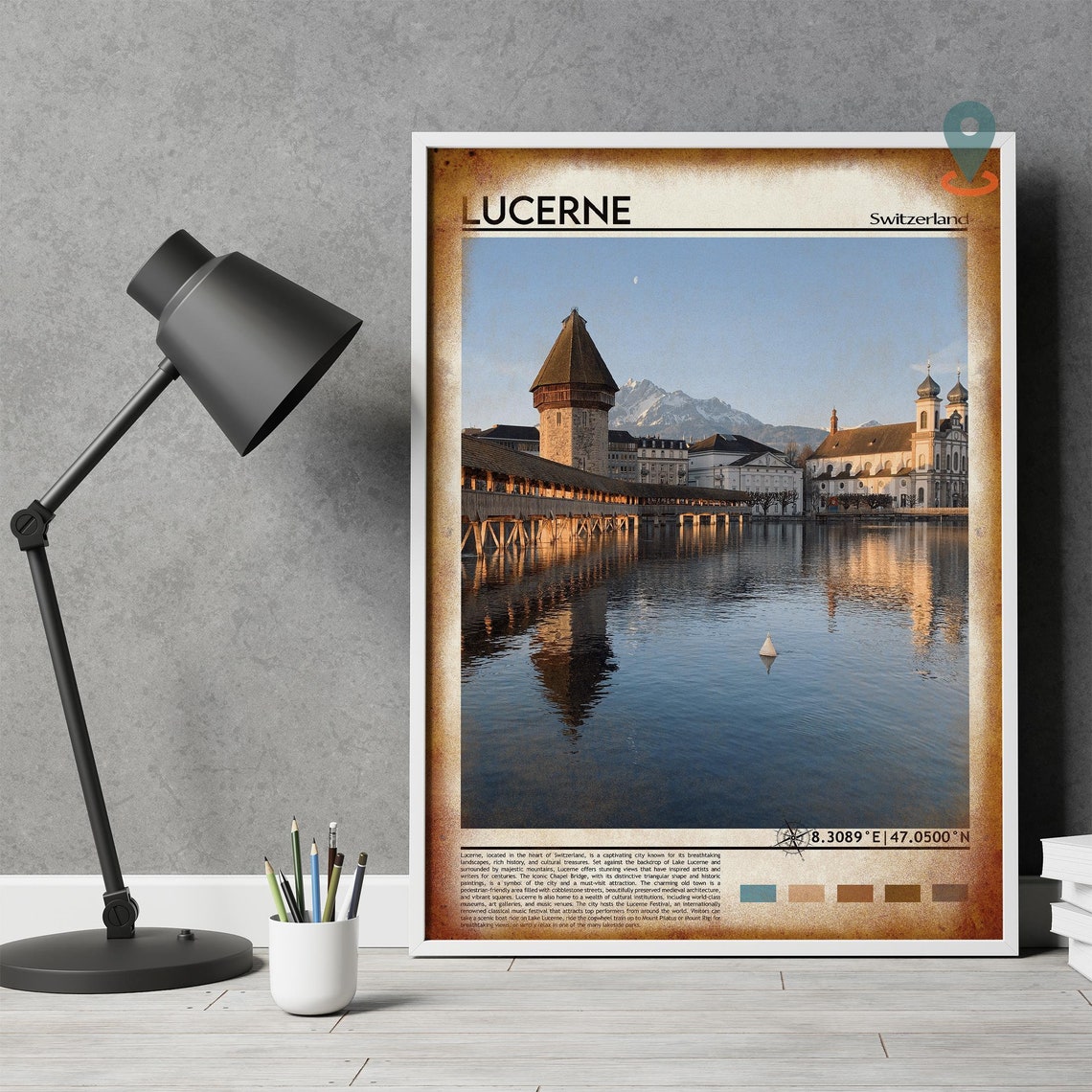 Lucerne Switzerland Historic Chapel Bridge Lake Sunset Poster - Image 4