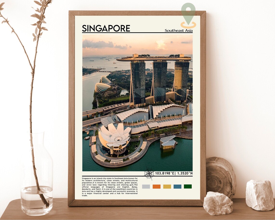 Singapore Marina Bay Sands Aerial Sunset Southeast Asia Travel Poster
