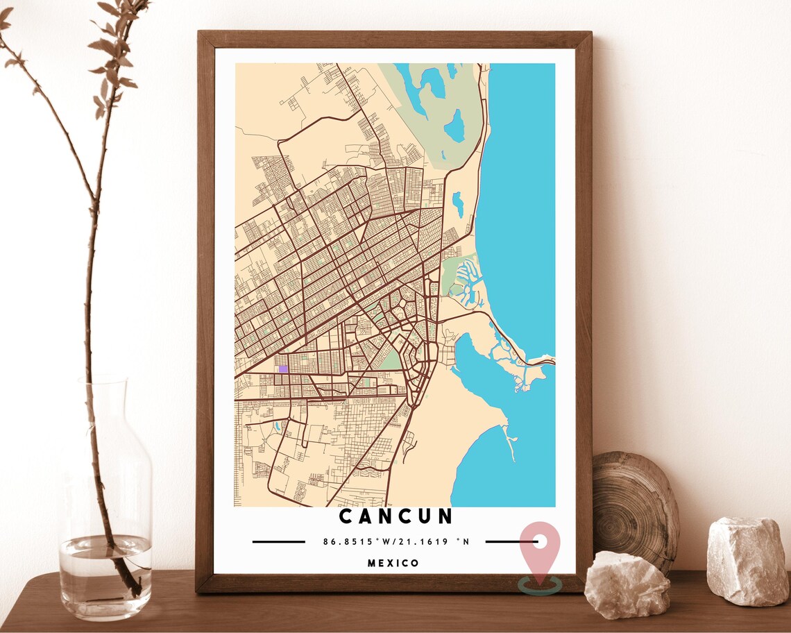 Cancun Mexico City Street Map Beach Blue Poster Wall Decor Art