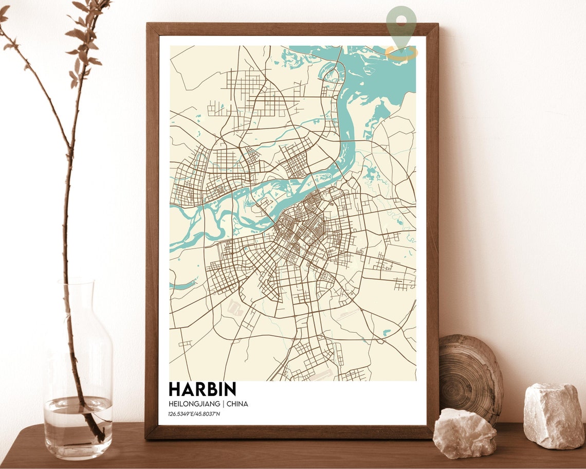Harbin China Modern City Map Red Cream Minimalist Art Poster - Image 5