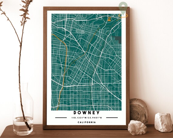Downey California Emerald City Street Map Coordinates Travel Poster