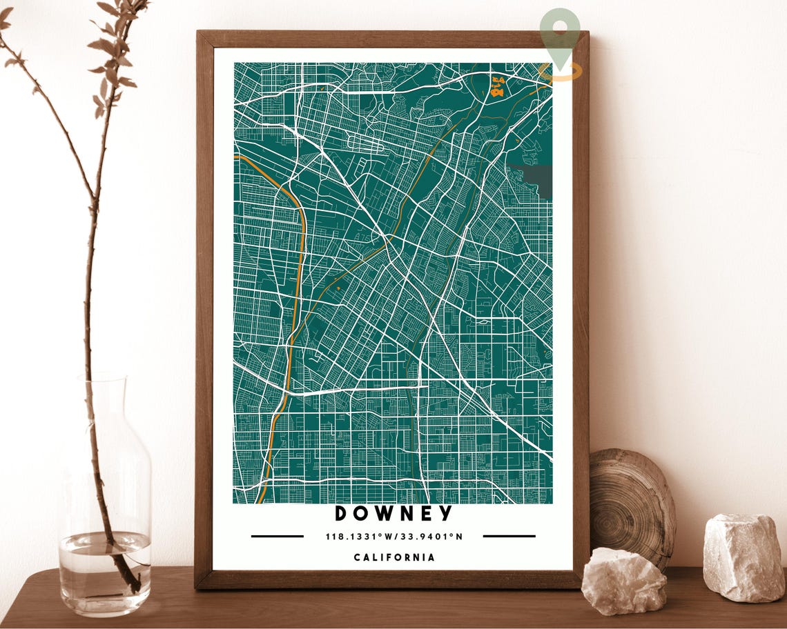 Downey California Emerald City Street Map Coordinates Travel Poster