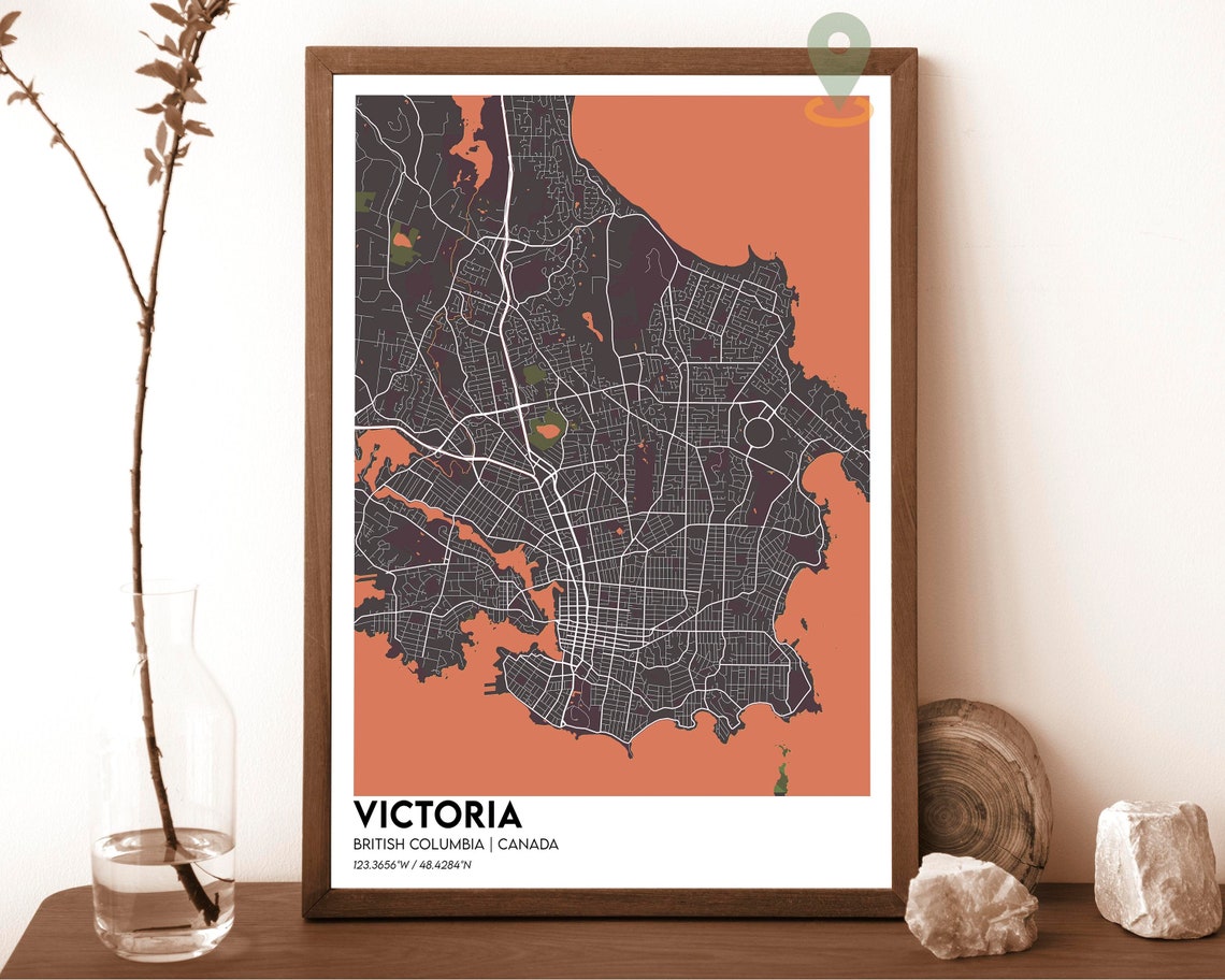 Victoria British Columbia Canada Map Poster Navy Peach Artwork - Image 3