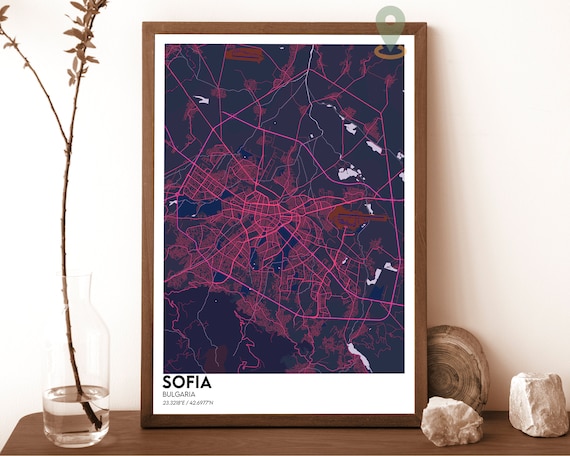 Sofia Bulgaria Midnight Navy Pink Street Map Minimalist City Poster