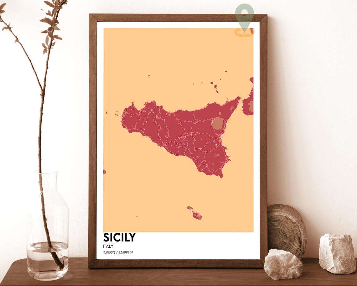 Sicily Italy Island Map Navy on Mustard Yellow Graphic Poster - Image 5