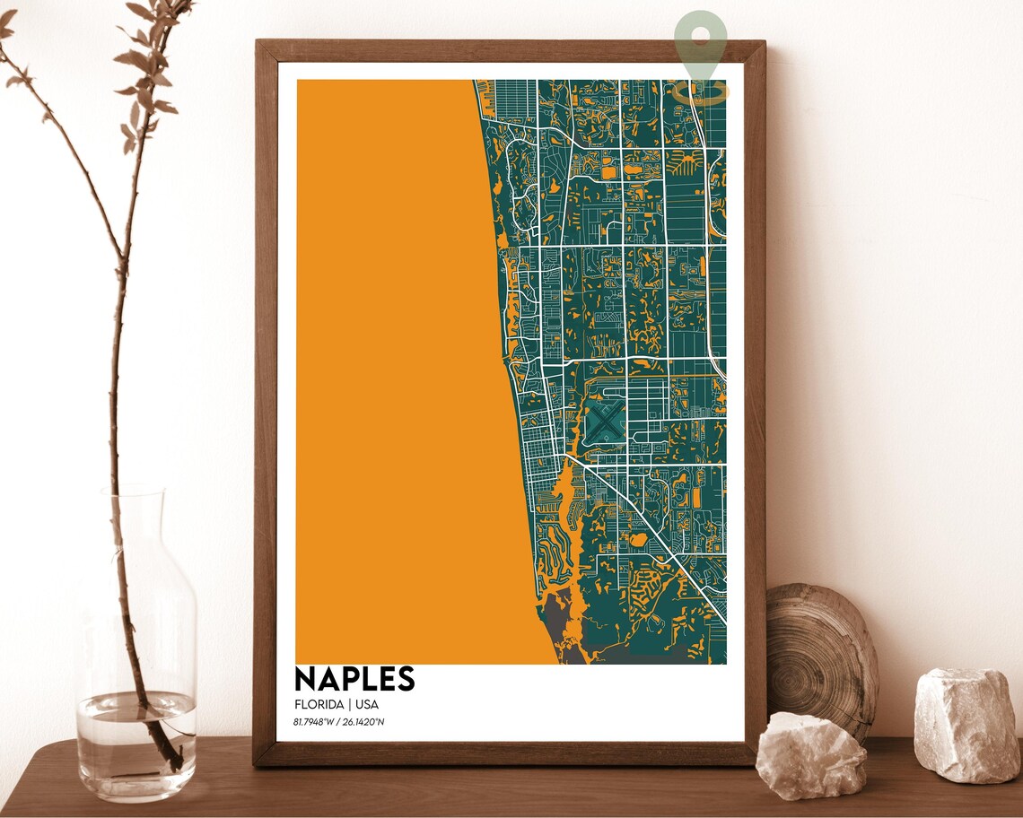 Naples Florida Striking Cream Teal Coastal City Map Art Poster - Image 5