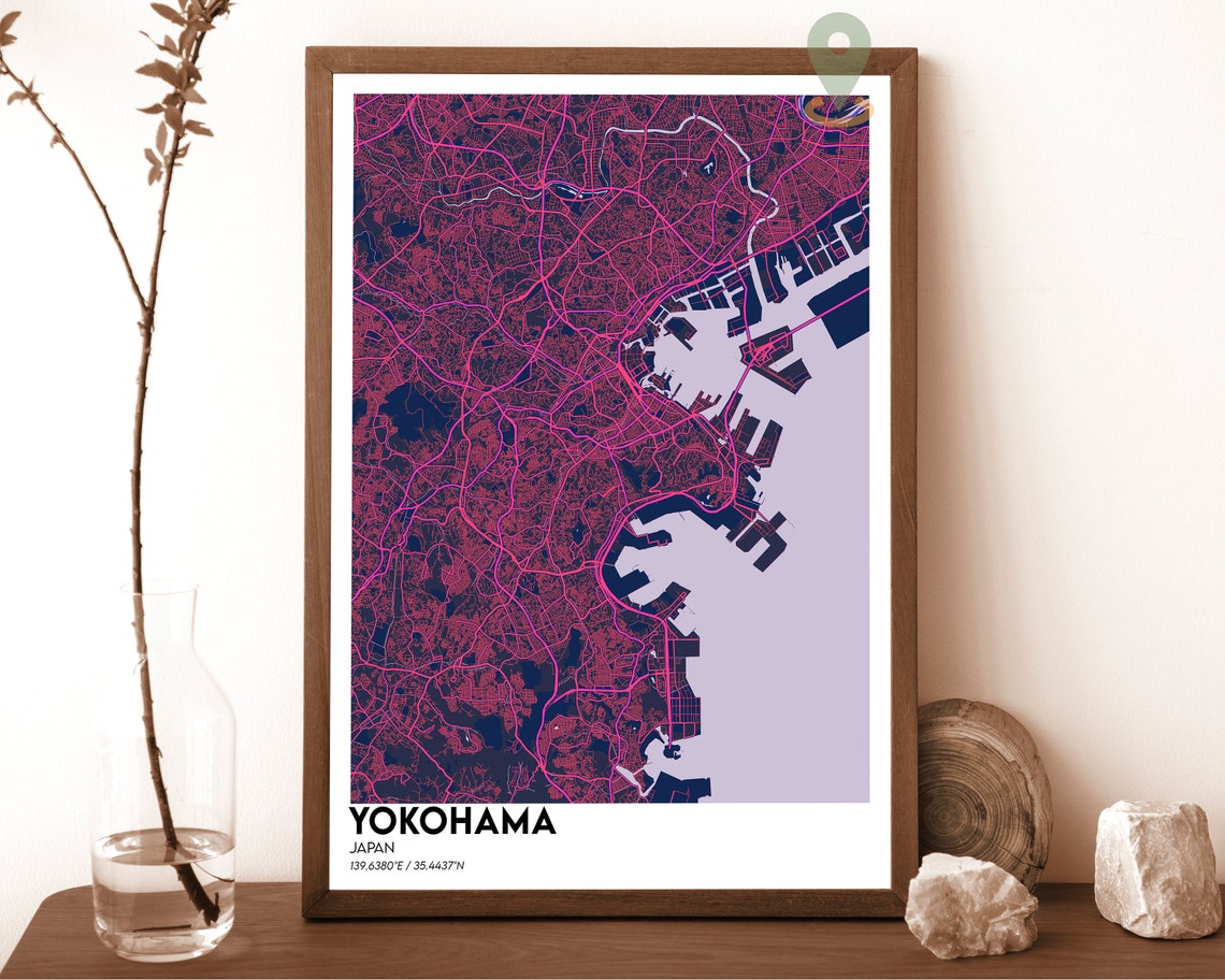 Yokohama Japan Navy Blue Golden Bay Modern City Map Art Poster - Image 6
