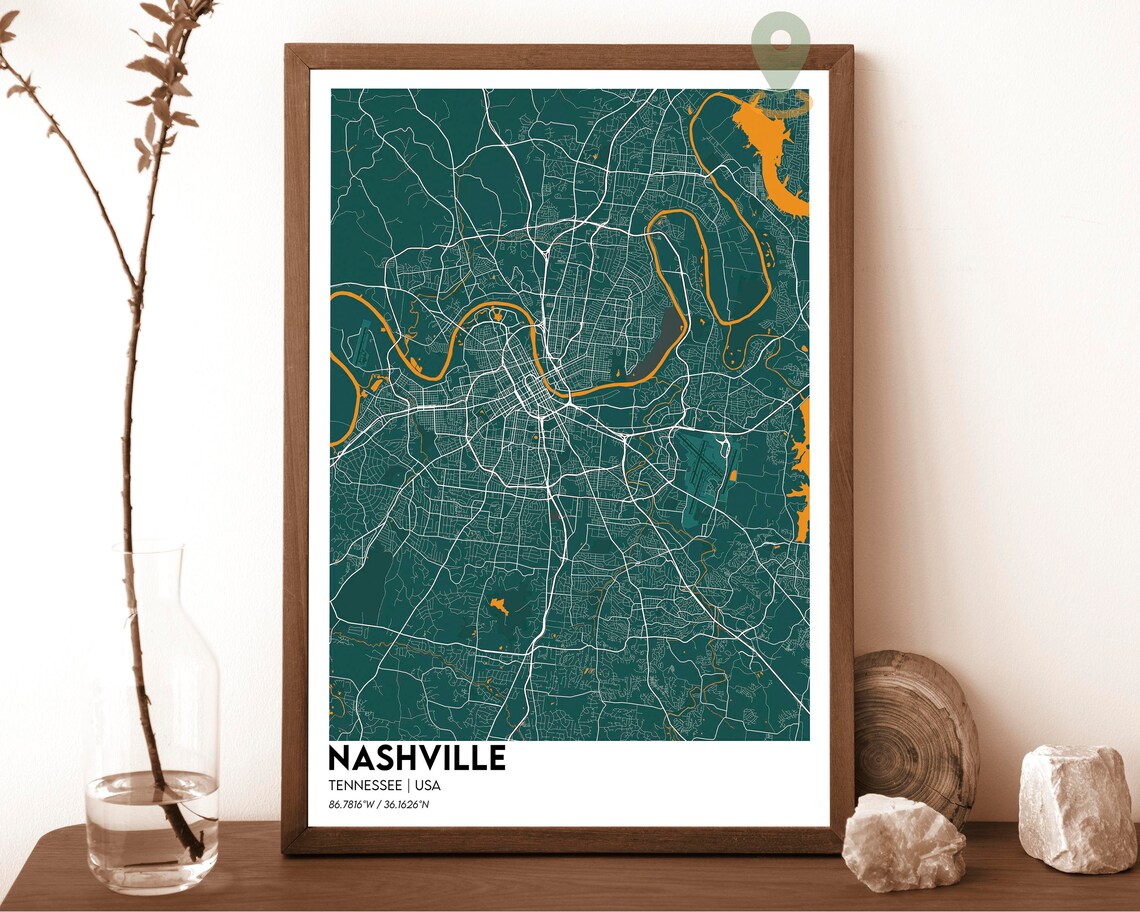 Nashville Tennessee USA Teal Riverbend City Street Map Poster