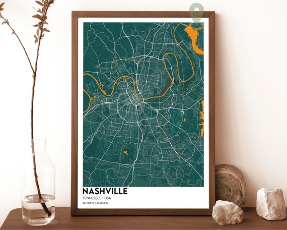 Nashville Tennessee USA Teal Riverbend City Street Map Poster